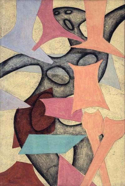 Maria JaremaWyrazy, 1954 tempera, monotypia na papierze przyklejonym na płótnie, Muzeum Okręgowe im. Leona Wyczółkowskiego w Bydgoszcz